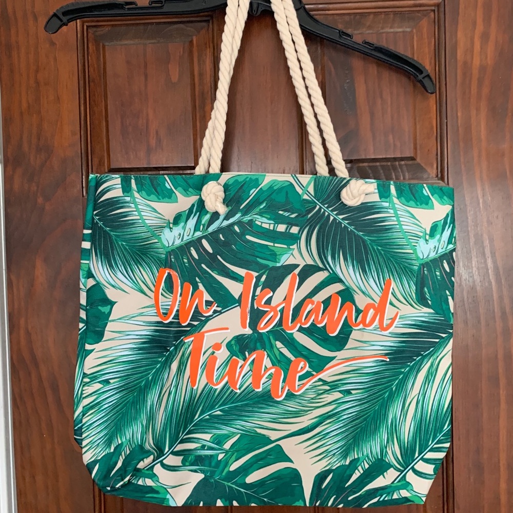 On island time patterned canvas beach bag